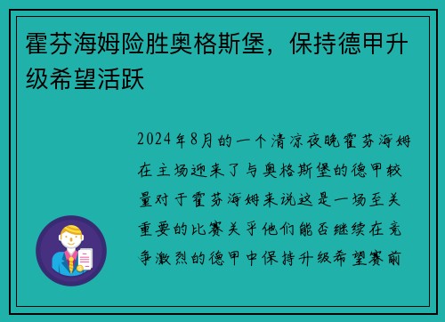 霍芬海姆险胜奥格斯堡，保持德甲升级希望活跃
